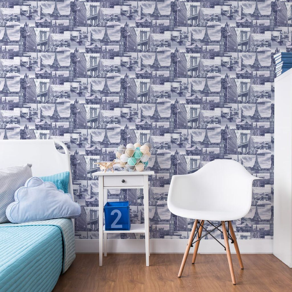 city scene indigo wallpaper