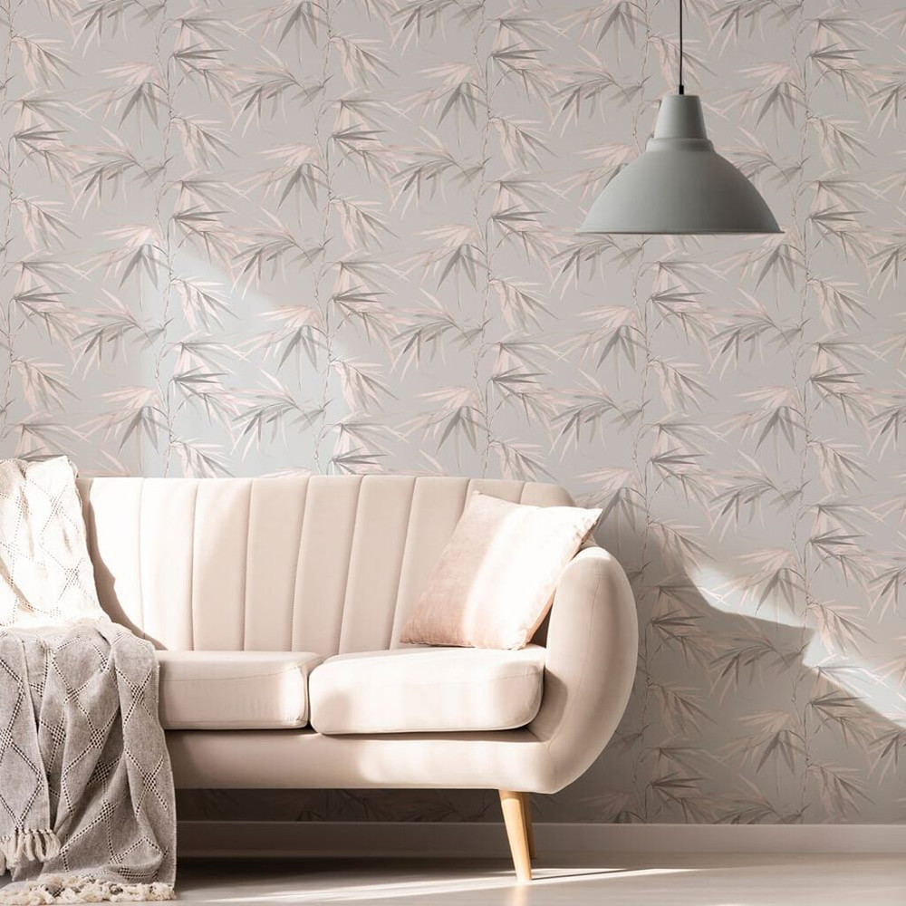 watercolour reed grey & pink wallpaper