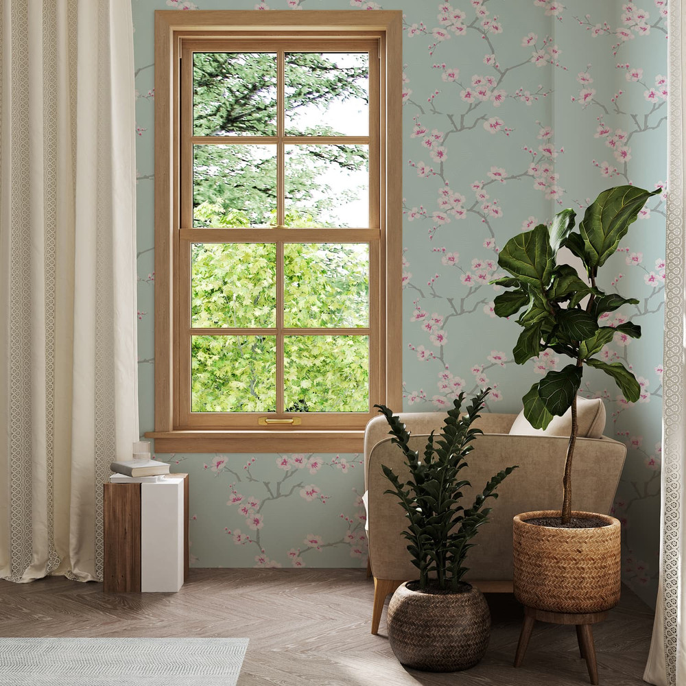 Apple Blossom Tree Teal Wallpaper