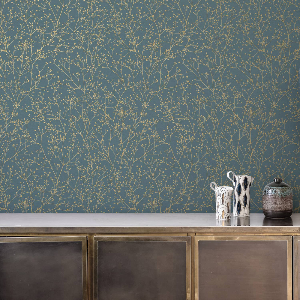 Gypsophila Airforce Blue & Soft Gold Wallpaper
