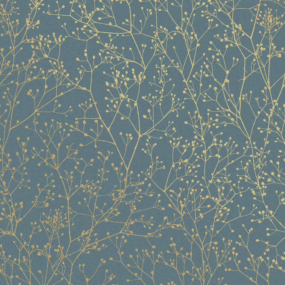 Gypsophila Airforce Blue & Soft Gold Wallpaper