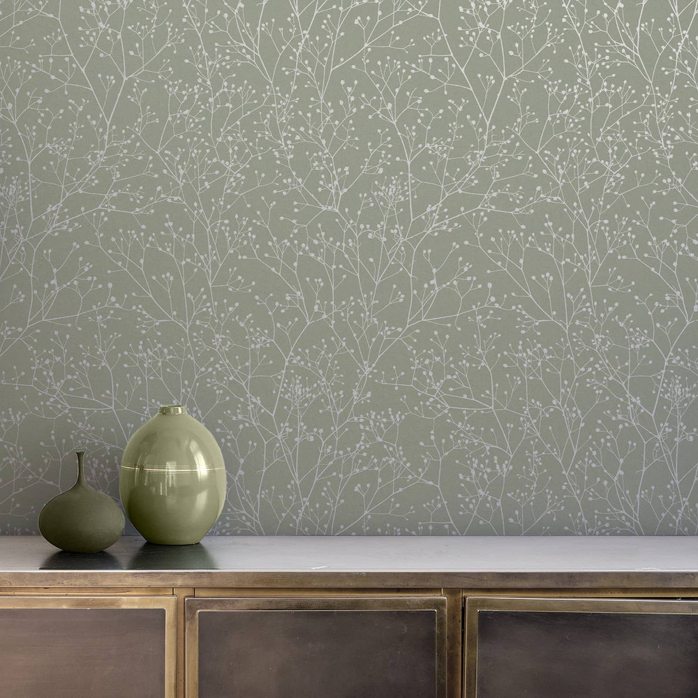 Gypsophila Spring Green & Silver Wallpaper