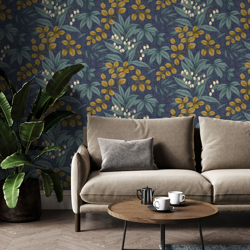 Persephone Navy And Ochre Wallpaper