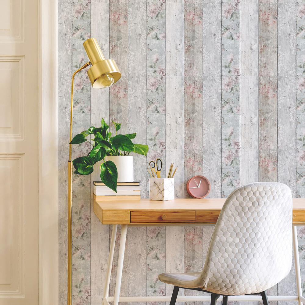 Distressed Wood Floral Wallpaper