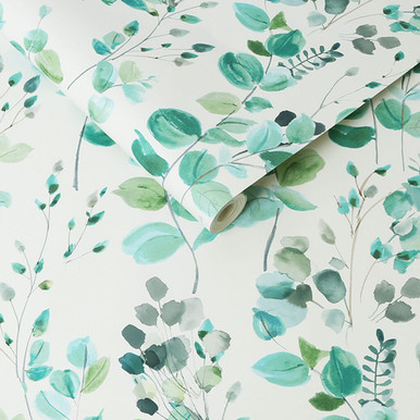 Watercolour Green Leaves White Grey Wallpaper