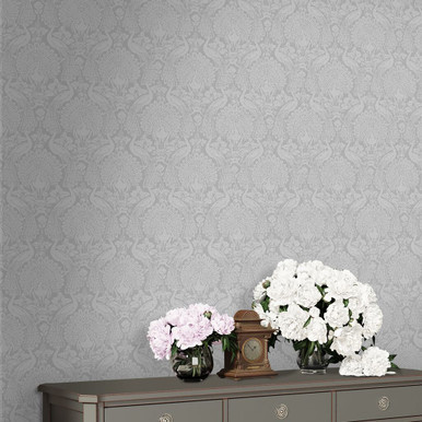 laura ashley peacock damask pale slate wallpaper