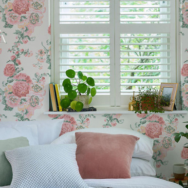 laura ashley hollyhocks coral pink wallpaper