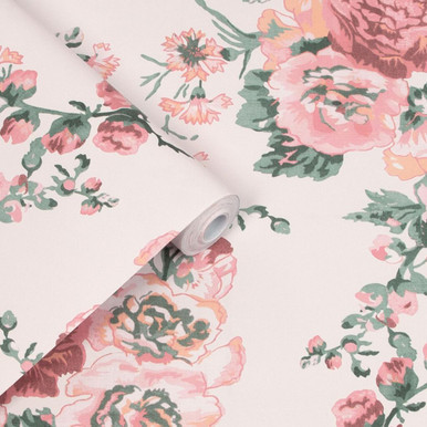 laura ashley hollyhocks coral pink wallpaper