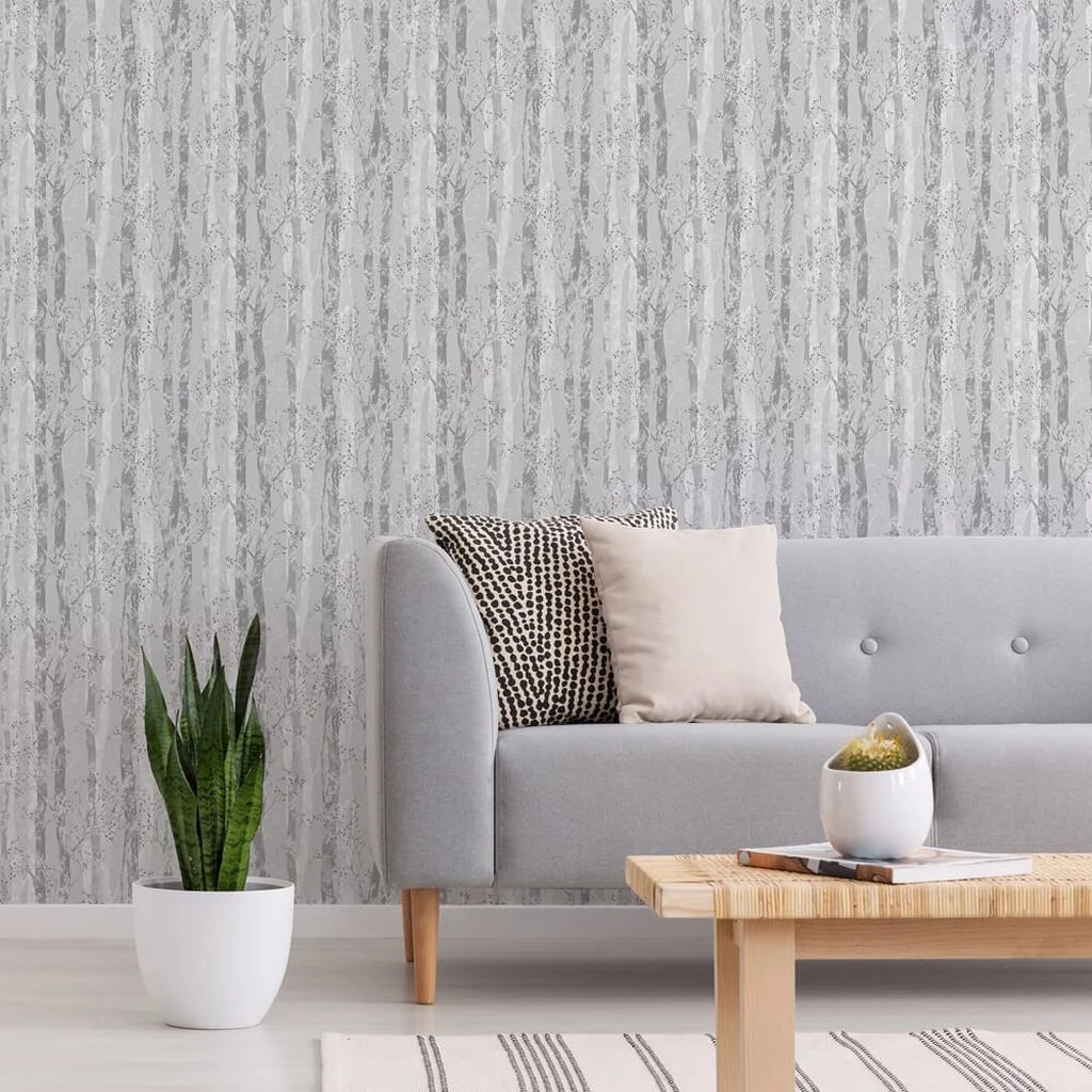 dappled trees grey / silver wallpaper