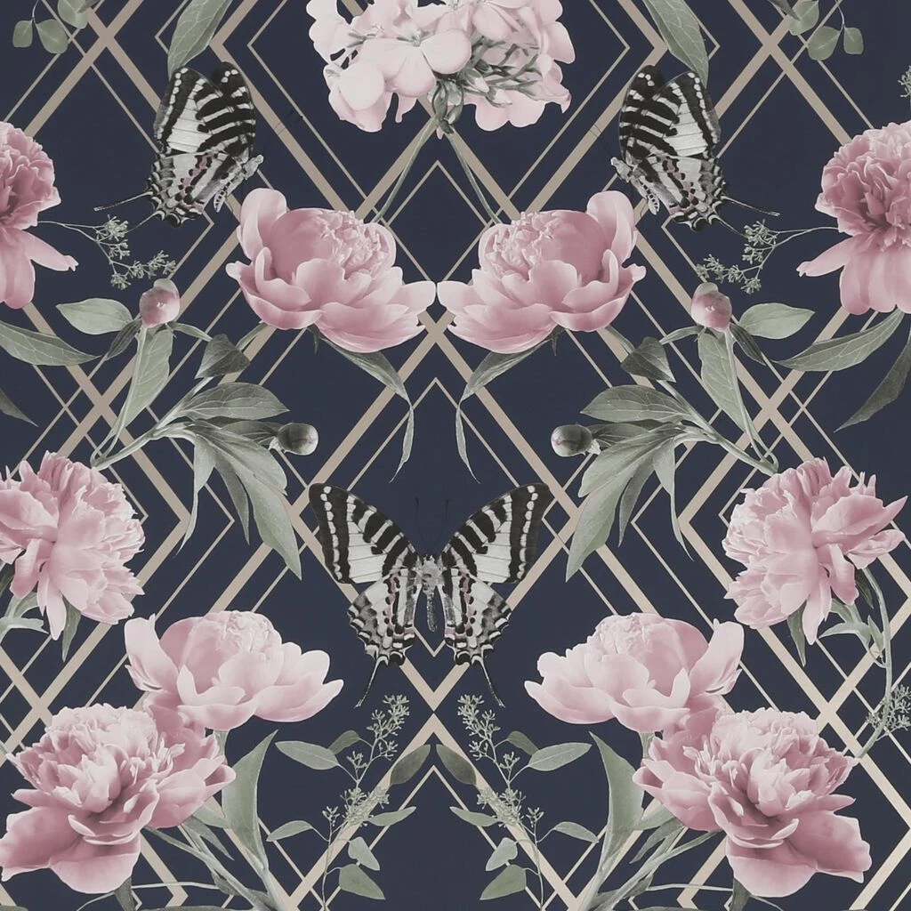 botanical trellis navy pink wallpaper