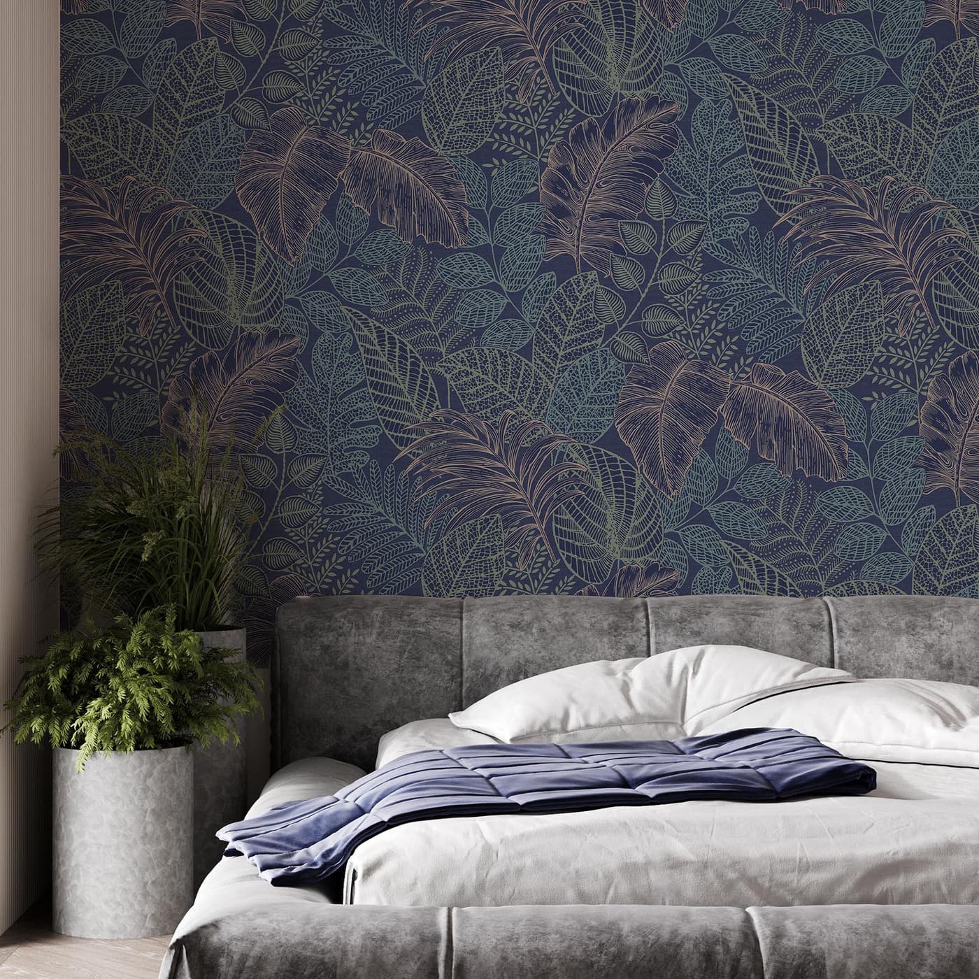 Scattered Leaves Blue And Copper Wallpaper