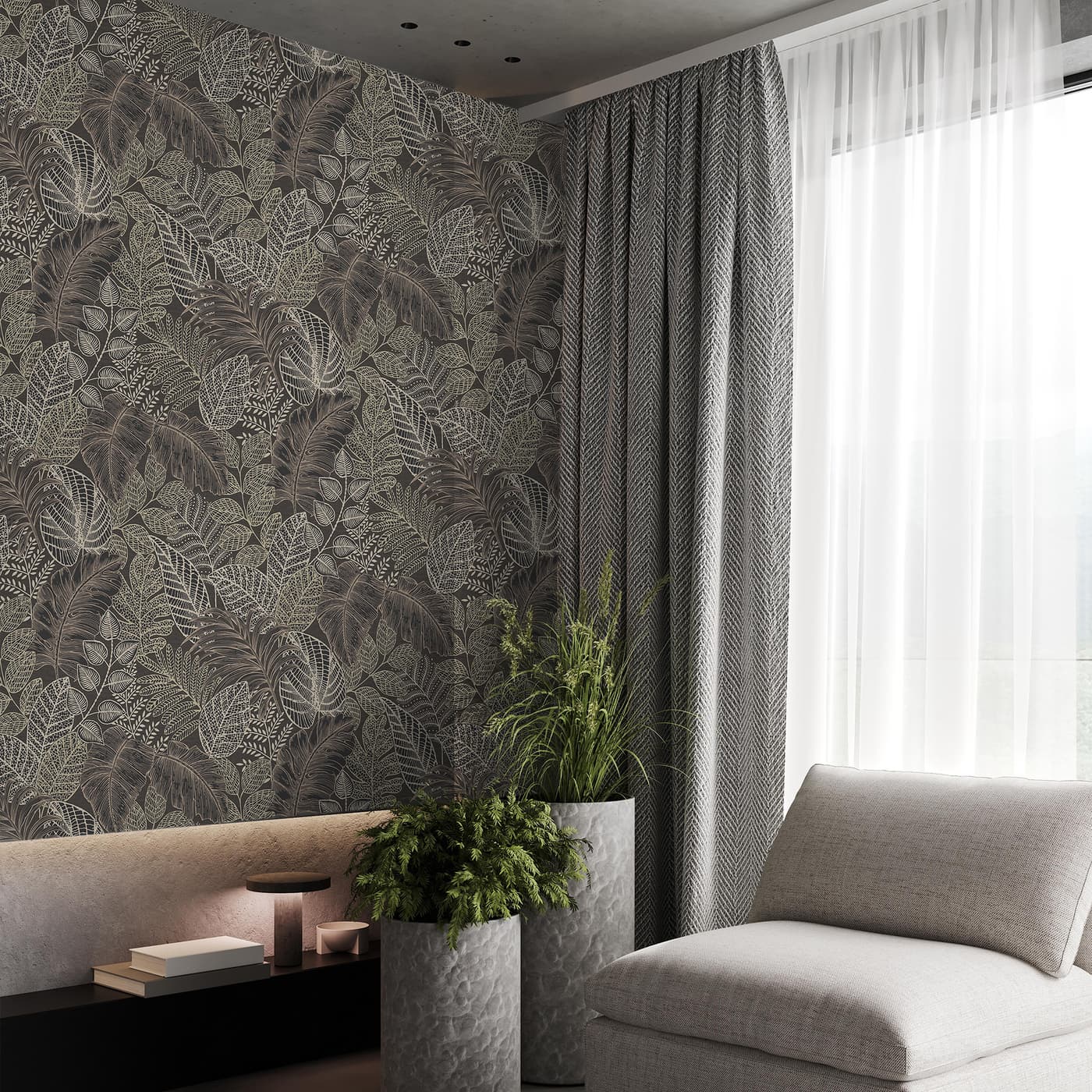 Scattered Leaves Charcoal And Gold Wallpaper
