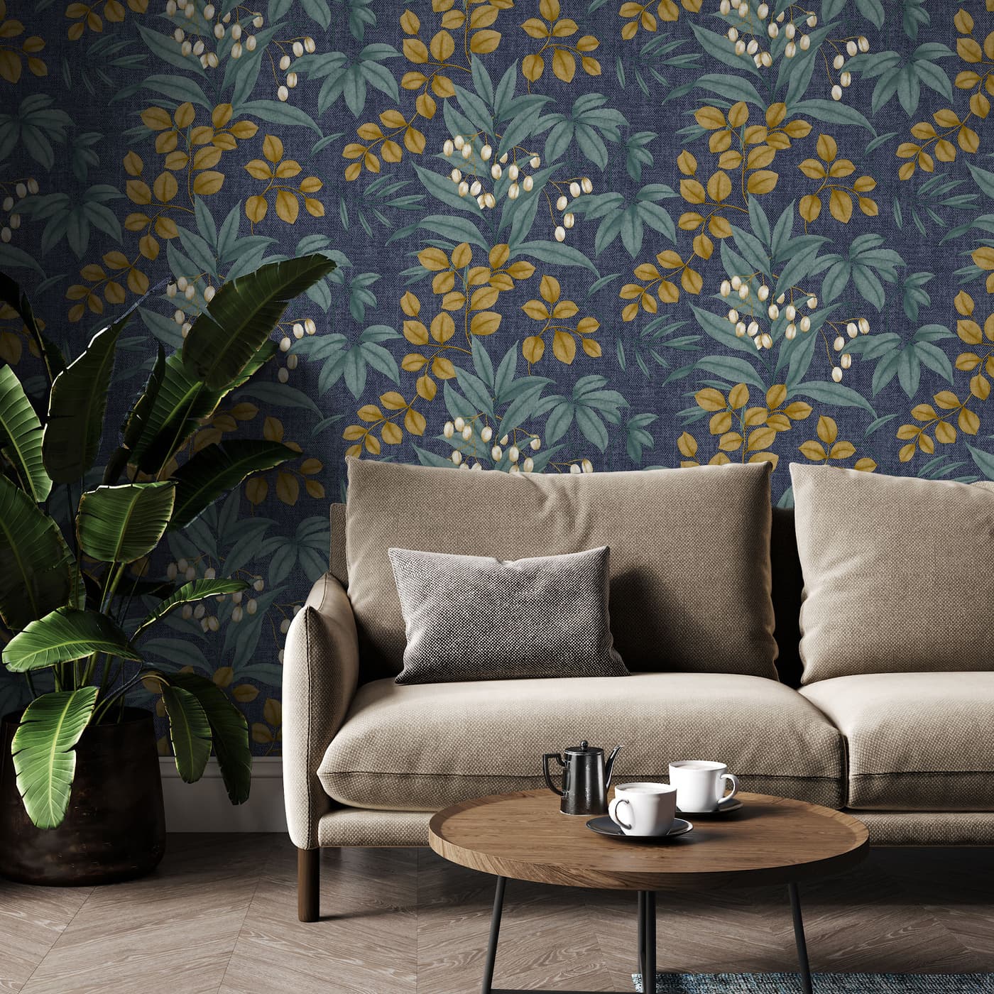 Persephone Navy And Ochre Wallpaper