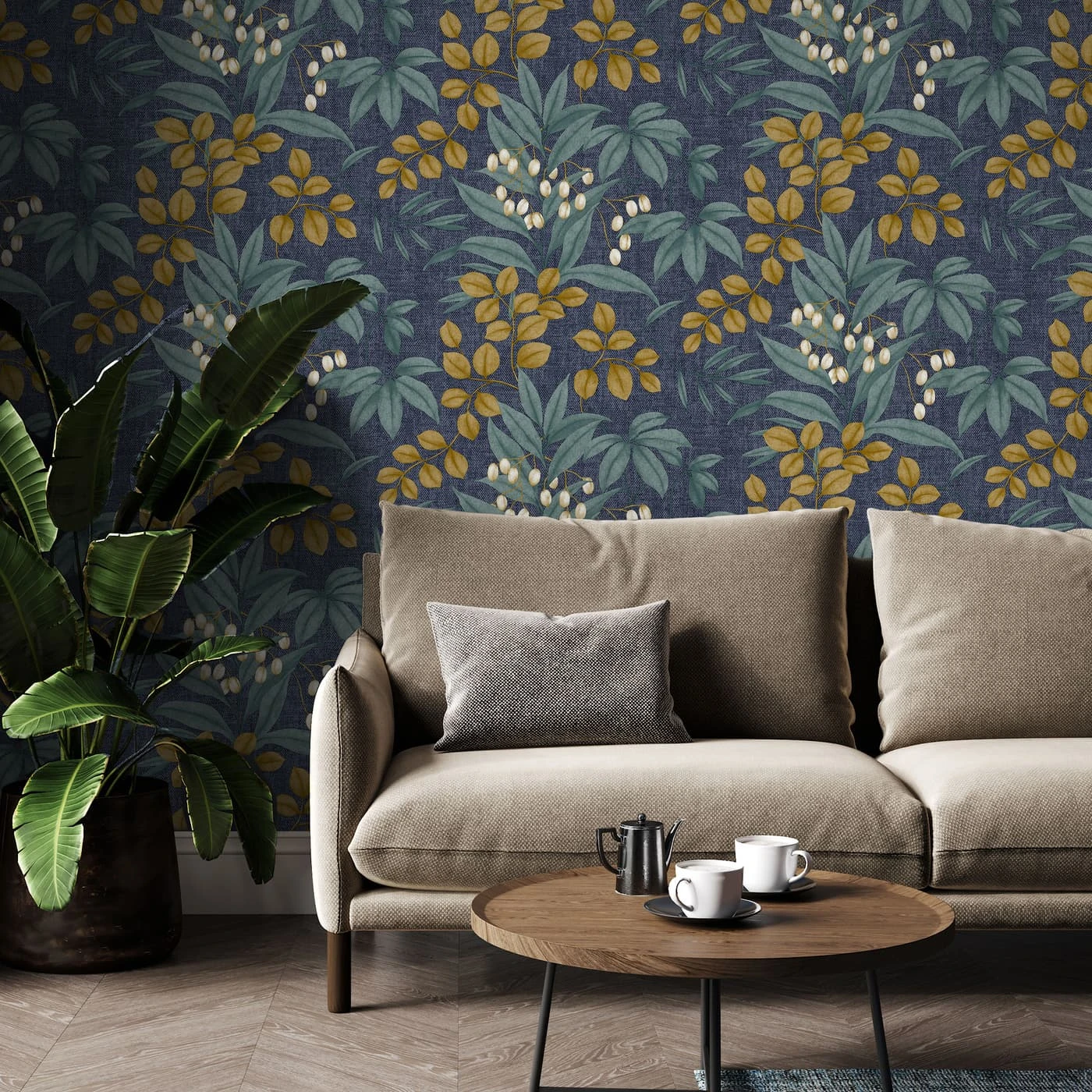 Persephone Navy And Ochre Wallpaper