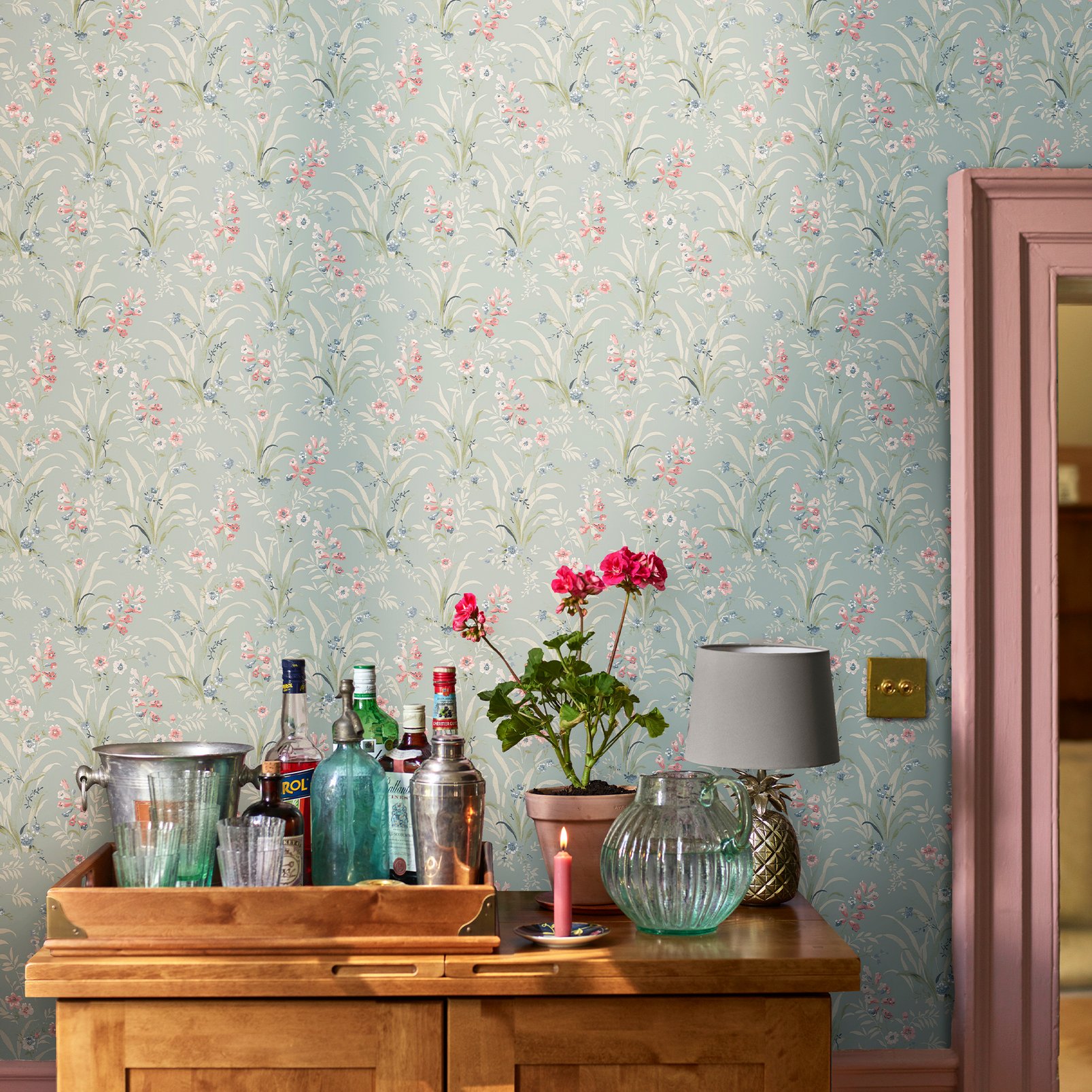 Laura Ashley Mosedale Posy Dark Duck Egg Blue Wallpaper