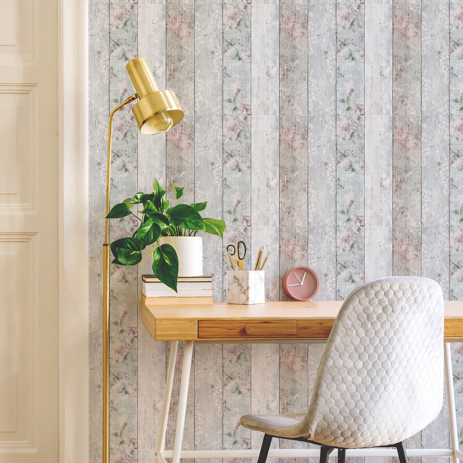 Distressed Wood Floral Wallpaper