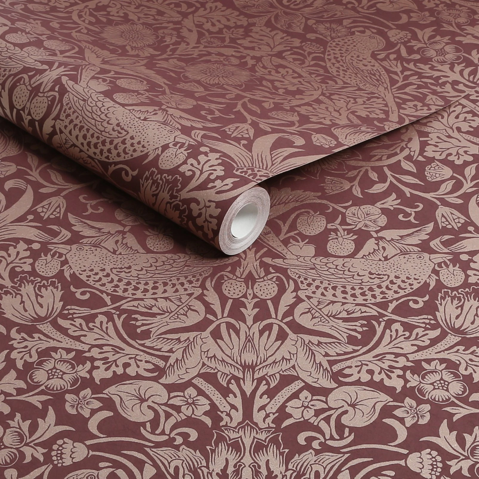 Strawberry Thief Fibrous Burgundy Wallpaper - 124235_ROLLSHOT_STRAWBERRY THIEF FIBROUS BURGUNDY_01.jpg