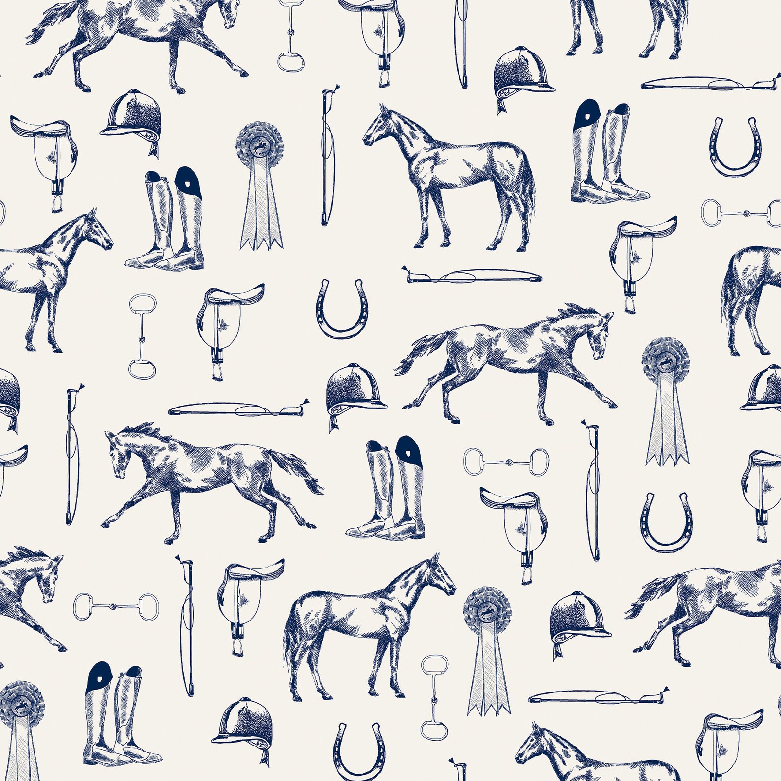 Joules Sketched Equestrian Cream & Blue Wallpaper
