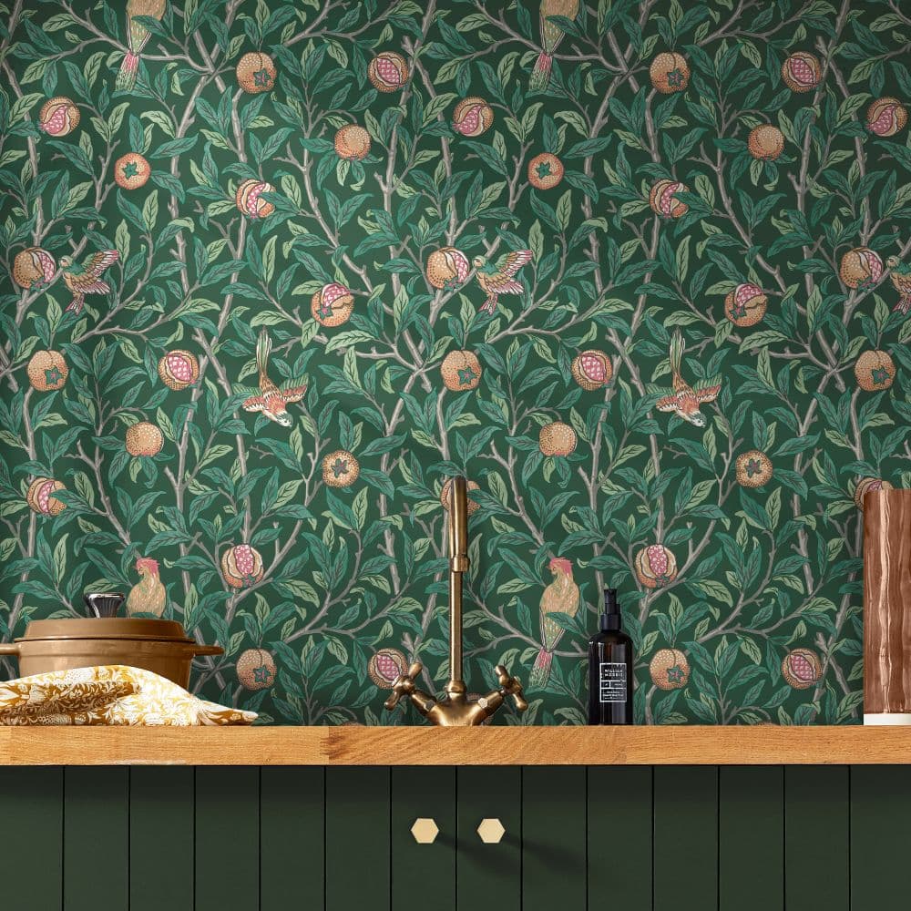 William Morris At Home Bird & Pomegranate Wallpaper in a kitchen with sink
